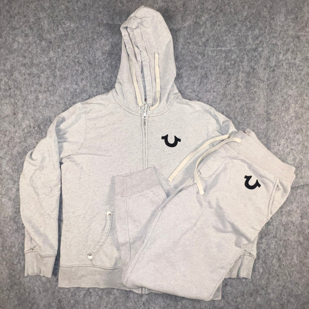True Religion Men's World Tour Tracksuit Heather Gray Zip Hoodie Joggers XL Set